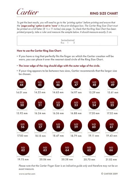 cartier ring sizes chart